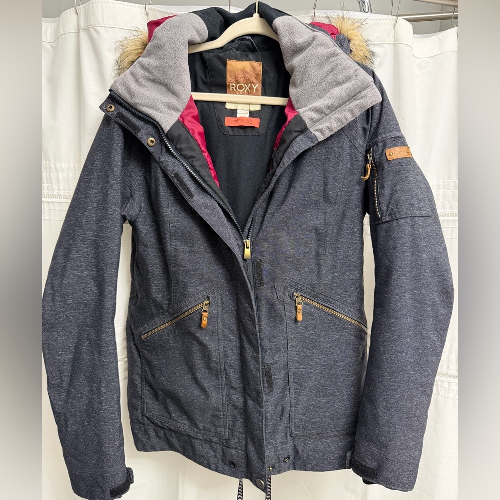 Roxy Women's Gray Snowboarding Jacket with Fur Trim